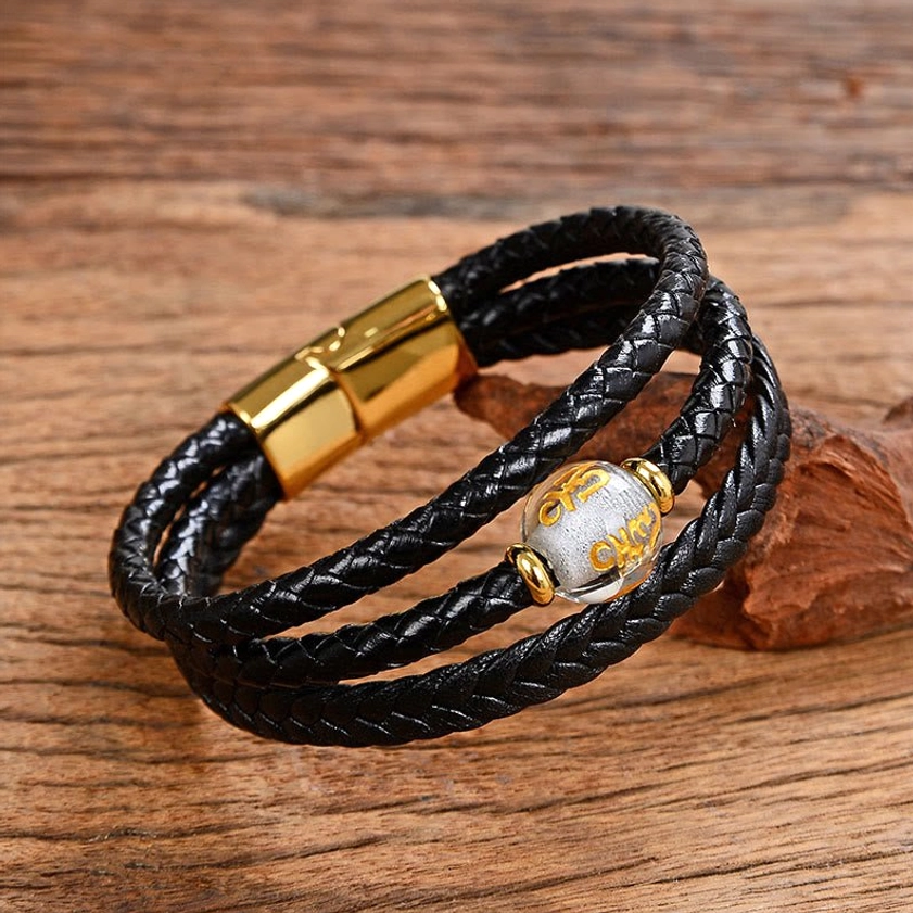 Buddhist leather bracelet with silver om mani padme hum engraved bead