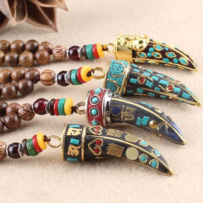 Buddhist om mani padme hum necklace full product display with beaded chain