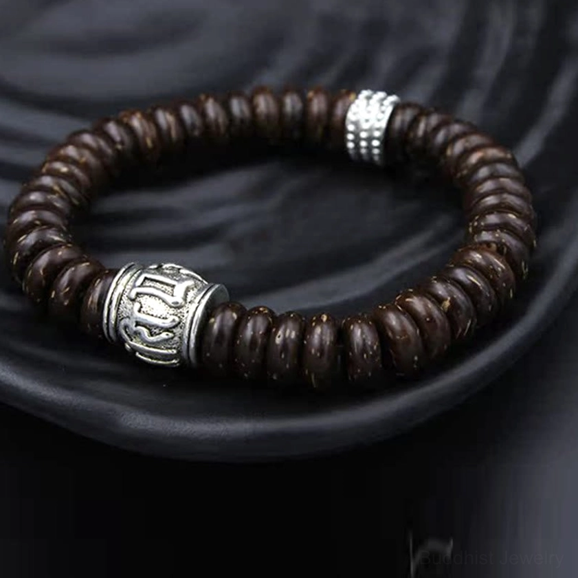 Om Mani Padme Hum coconut shell bracelet as meaningful Buddhist gift for mindfulness and positive vibes