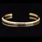 Om Mani Padme Hum engraved gold titanium steel mantra bracelet front view