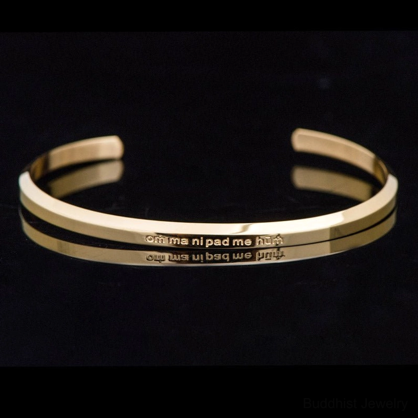 Om Mani Padme Hum engraved gold titanium steel mantra bracelet front view
