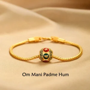 Om Mani Padme Hum gold charm bracelet with enamel mantra pendant on twisted snake chain