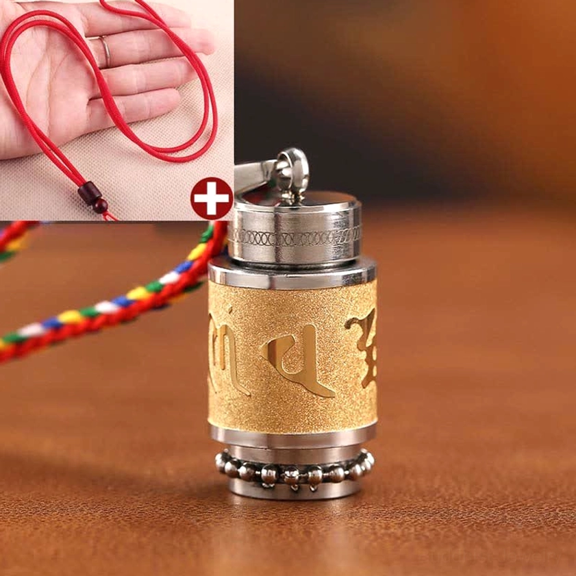 Om Mani Padme Hum protection amulet necklace gold finish with red woven string lanyard