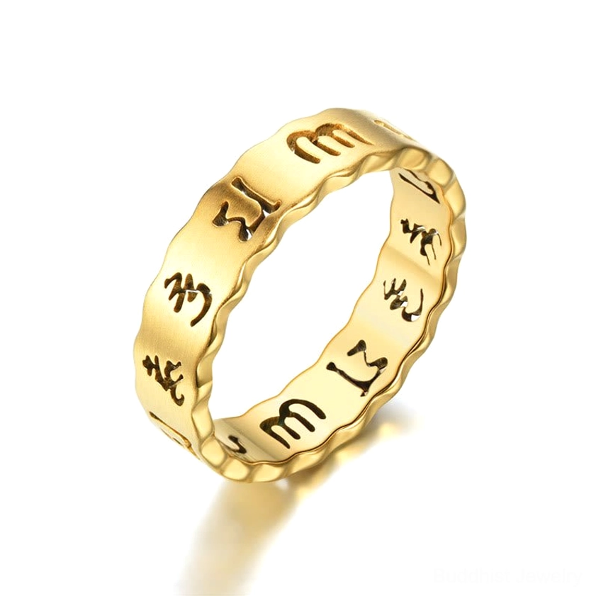 Golden polish om mani padme hum meditation ring oblique top view with engraved mantra and wavy band