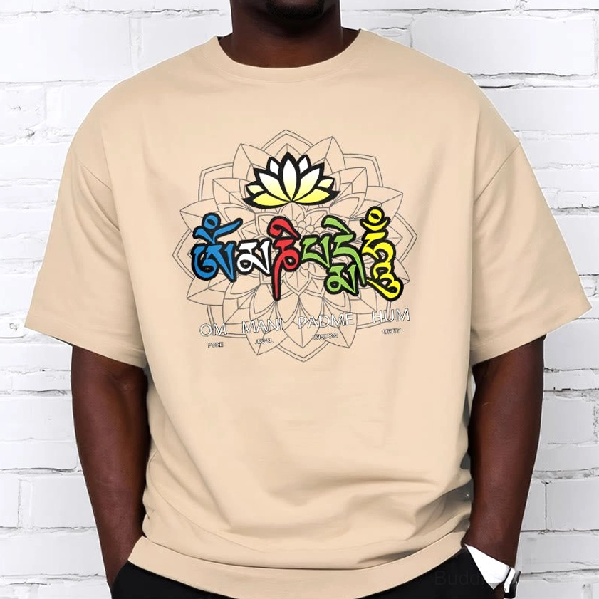 Person wearing light grey Om Mani Padme Hum lotus tee demonstrating versatile styling for casual occasions