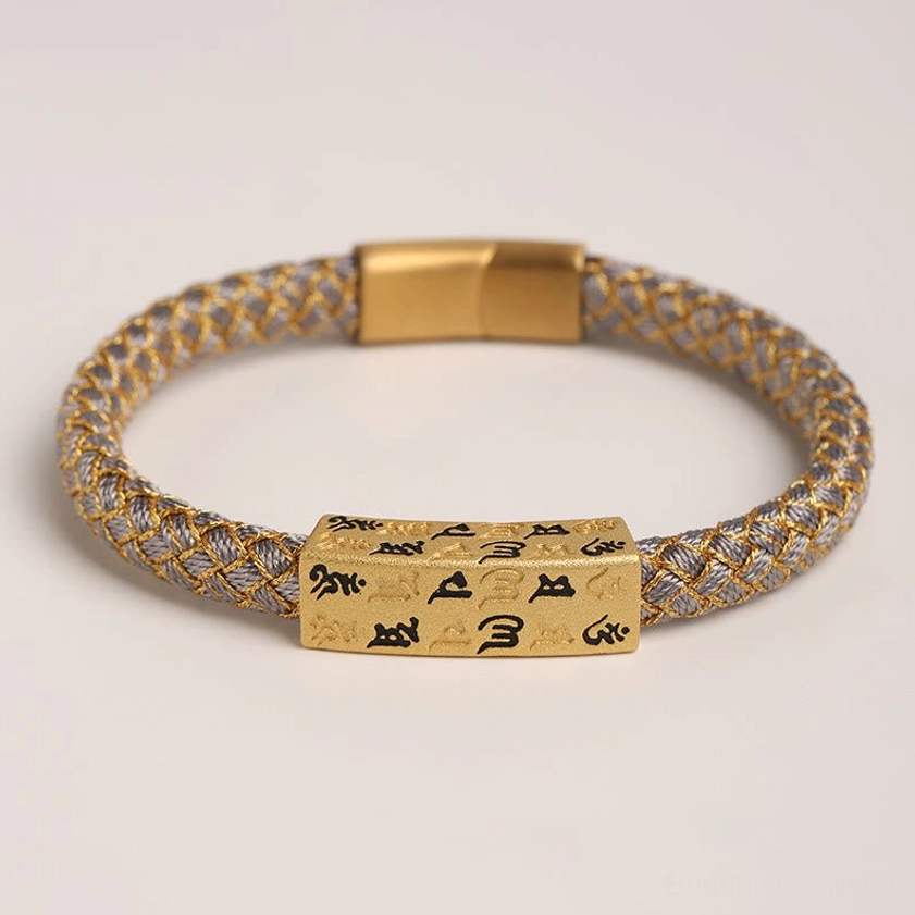 Gray and gold Om Mani Padme Hum Buddhist bracelet neutral calm meditative energy