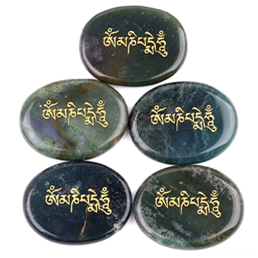 Green aventurine Om Mani Padme Hum palm stone with sacred Buddhist text