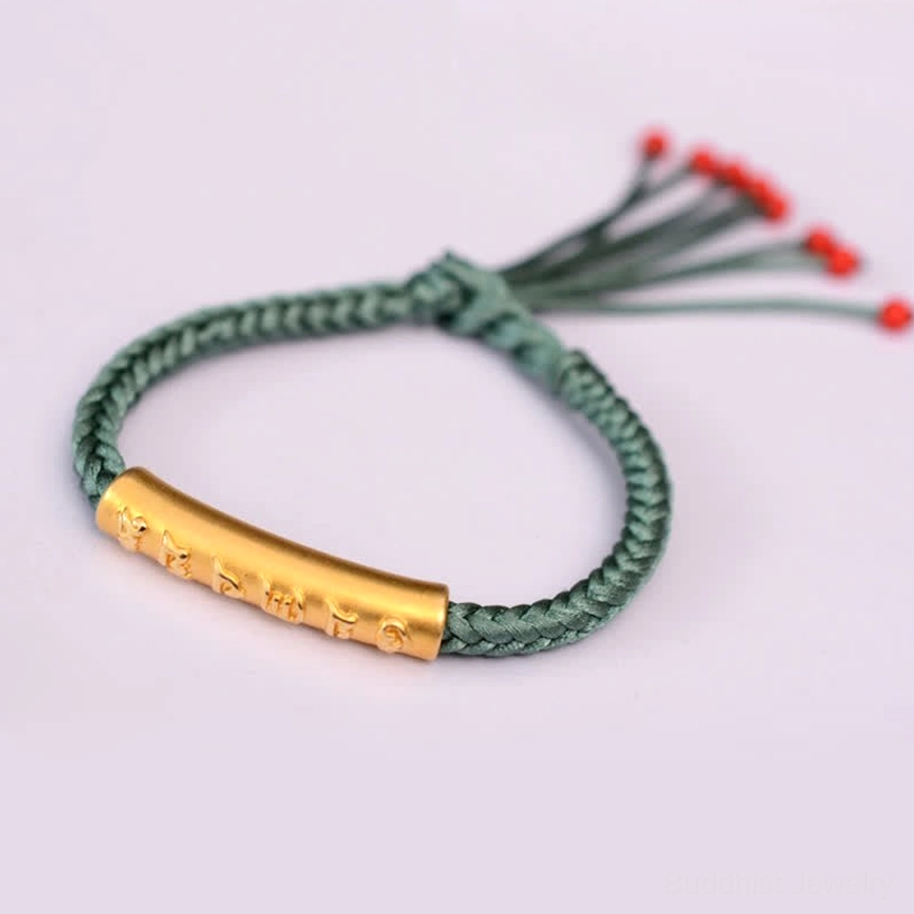 Sterling silver om mani padme hum green string bracelet handcrafted with sacred mantra tube for spiritual grounding