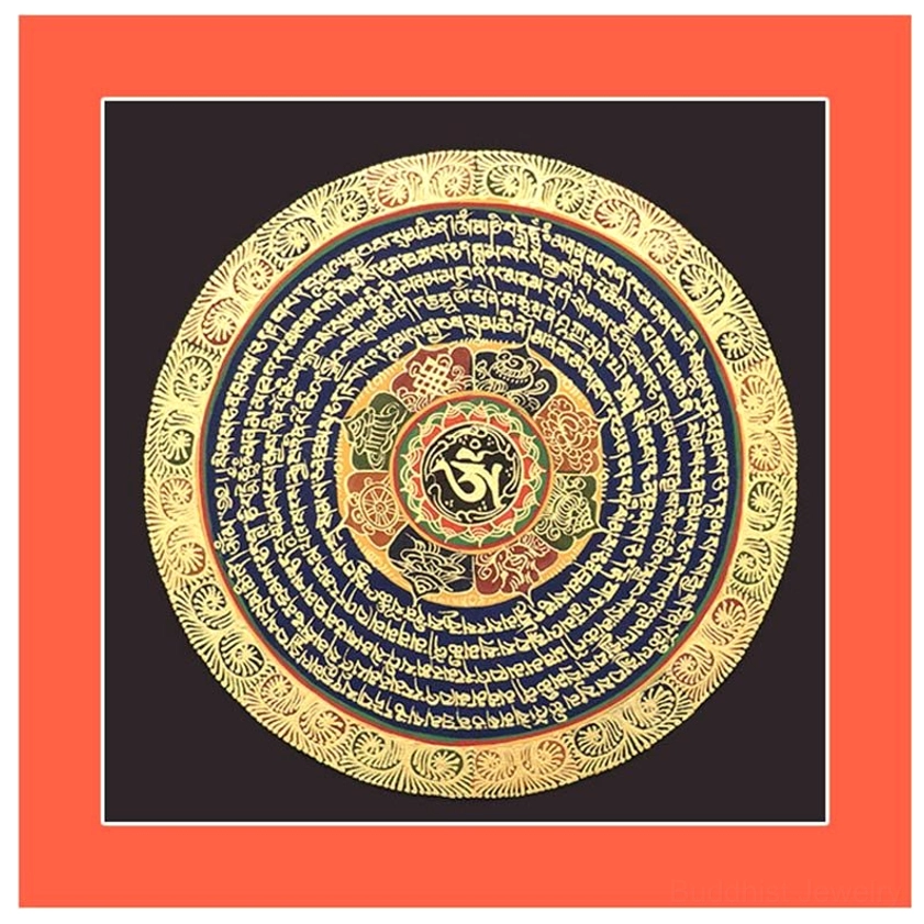 Hand-painted Buddhist thangka scroll showing Om Mani Padme Hum six-character mantra in golden gilded design perfect for spiritual meditation practice
