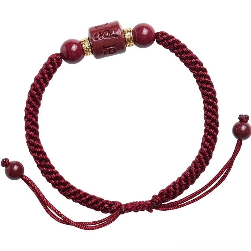 Handmade Om Mani Padme Hum Buddhist bracelet featuring natural cinnabar beads, premium red rope, and spiritual blessing energy
