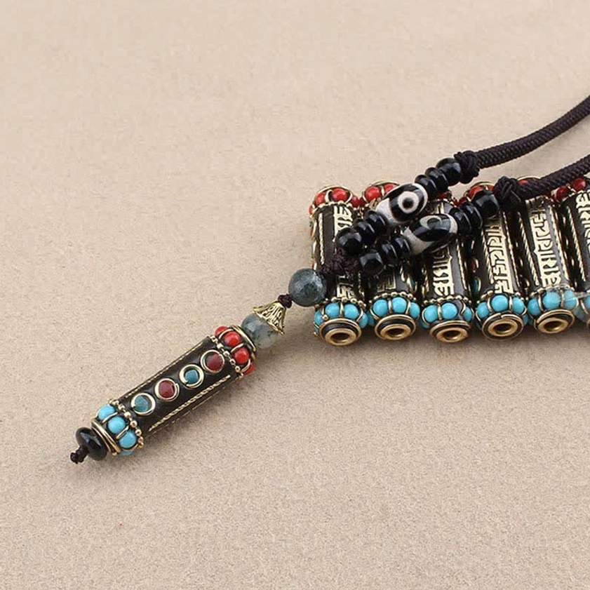 Om Mani Padme Hum wenge wood necklace with turquoise beads, artisan handmade jewelry showcase