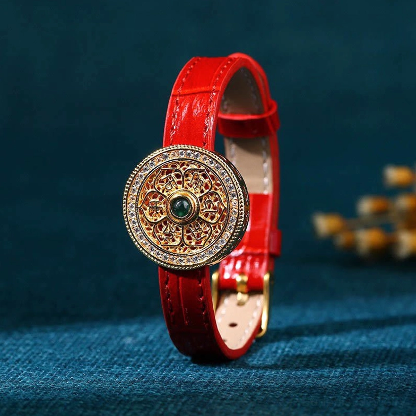 Eight Treasures Compass jade leather bracelet with gold-plated charm and rhinestone detail, Om Mani Padme Hum Buddhist bracelet for protection and prosperity
