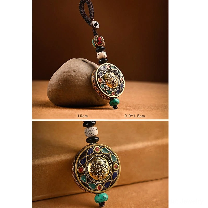 Om Mani Padme Hum Bodhi seed keychain showing enamel inlaid brass pendant with size reference 2.9x1.2cm