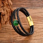 Multicolor Buddhist leather bracelet with green tiger eye stone and gold magnetic clasp detail