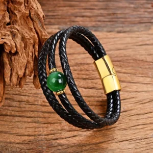 Multicolor Buddhist leather bracelet with green tiger eye stone and gold magnetic clasp detail