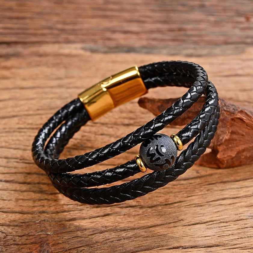 Buddhist mantra bracelet with premium gold clasp leather construction