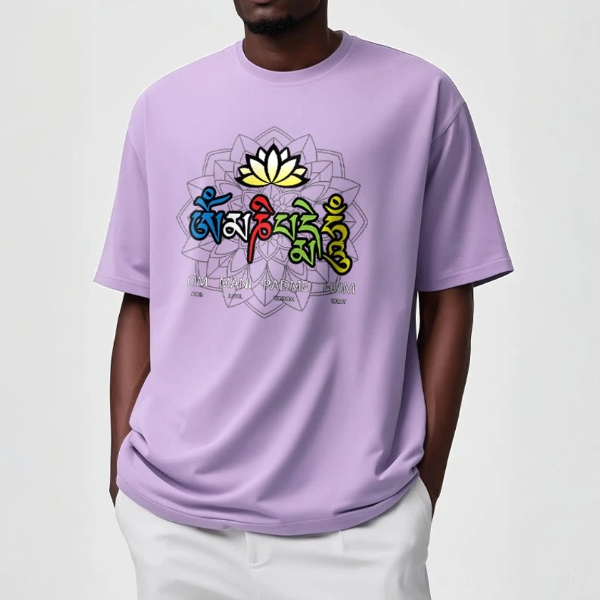 Buddhist mantra tee with Om Mani Padme Hum sacred lotus symbol representing compassion and inner wisdom