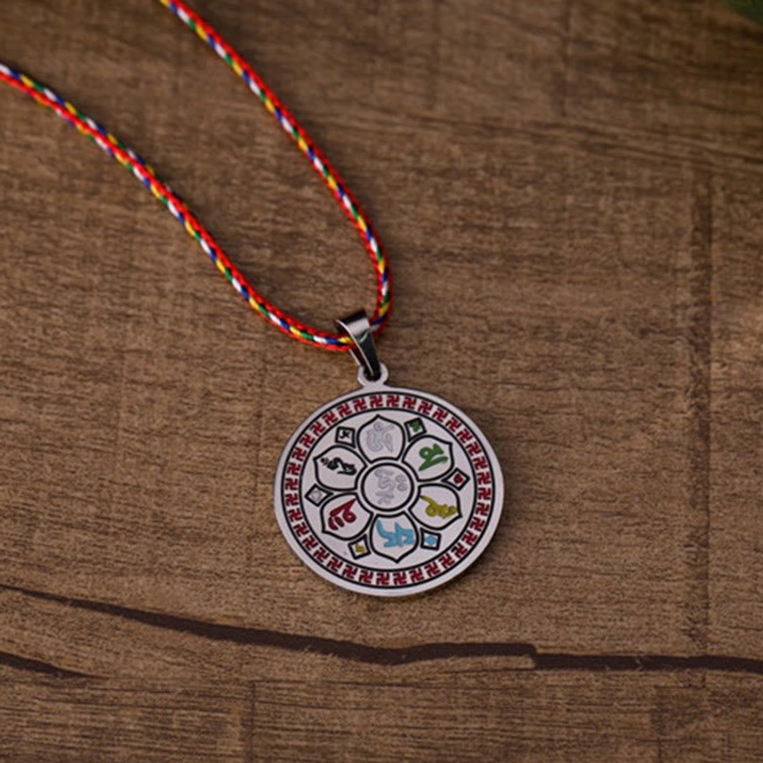 Colorful Om Mani Padme Hum Buddhist pendant necklace lotus-style mantra design flat view