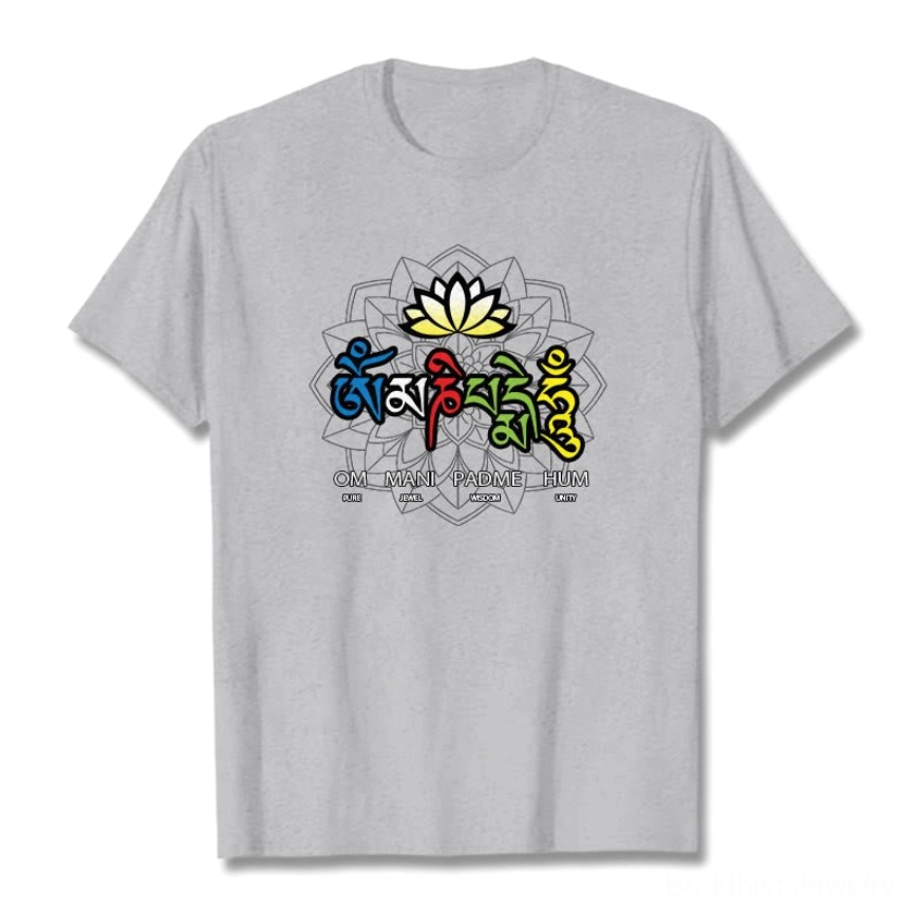 Om Mani Padme Hum lotus mantra graphic t-shirt flat lay showing complete unisex design with crew neck