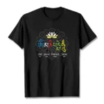 Om Mani Padme Hum lotus mantra graphic t-shirt flat lay front view with white ink print on black cotton