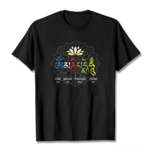 Om Mani Padme Hum lotus mantra graphic t-shirt flat lay front view with white ink print on black cotton