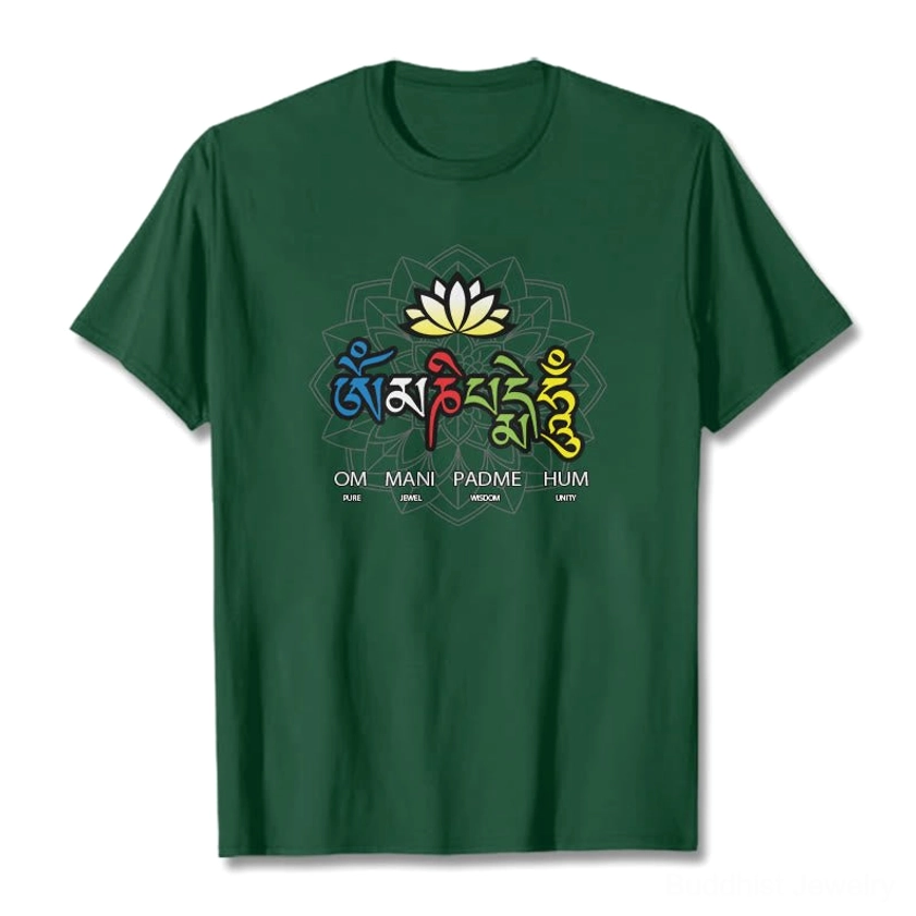 Om Mani Padme Hum lotus graphic t-shirt flat lay displaying dark green cotton with matching mantra print