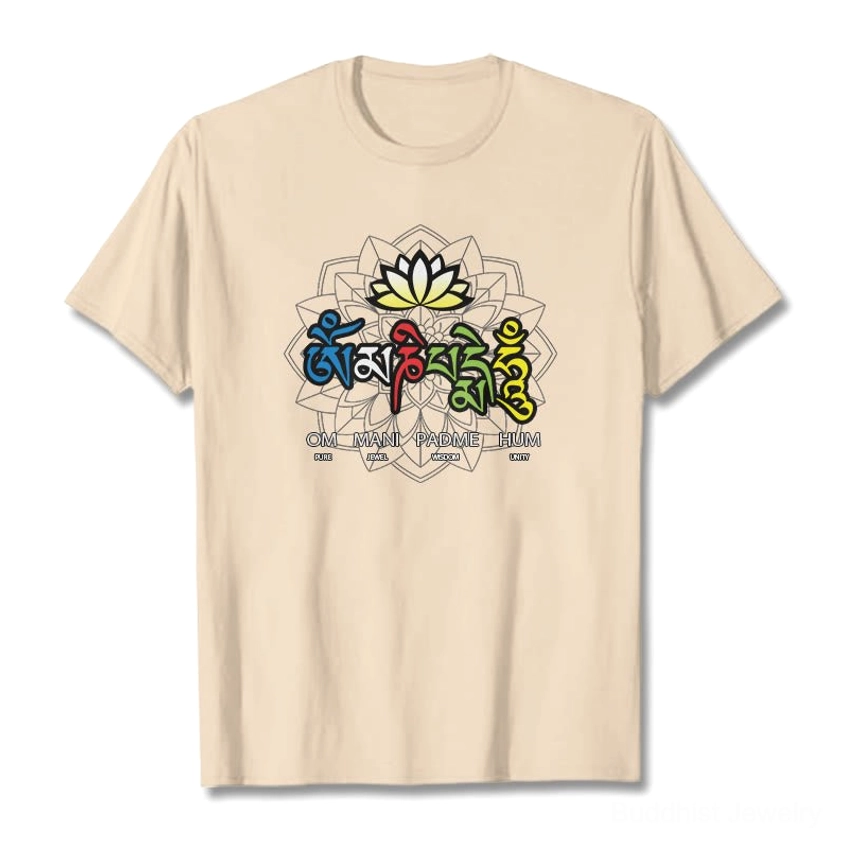 Om Mani Padme Hum lotus graphic t-shirt flat lay front view with white ink design on light grey cotton