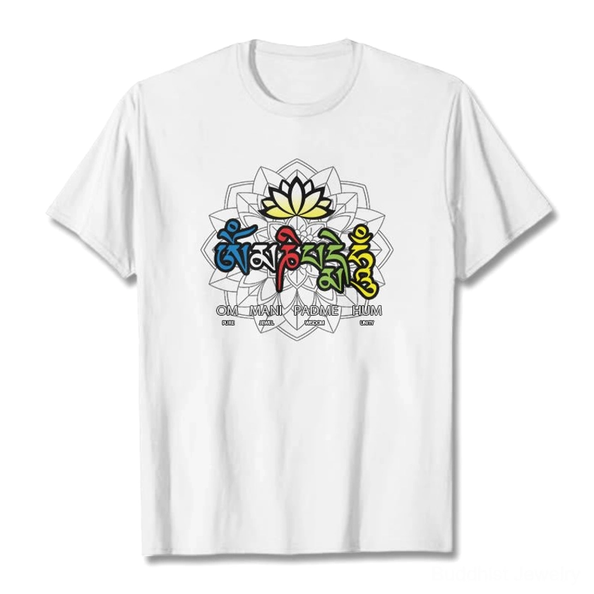 White Om Mani Padme Hum lotus mantra t-shirt flat lay front view with matching print on pure white cotton
