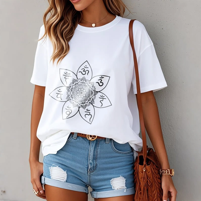 Om Mani Padme Hum mandala buddhist spiritual t-shirt design detail close-up white sacred Sanskrit print