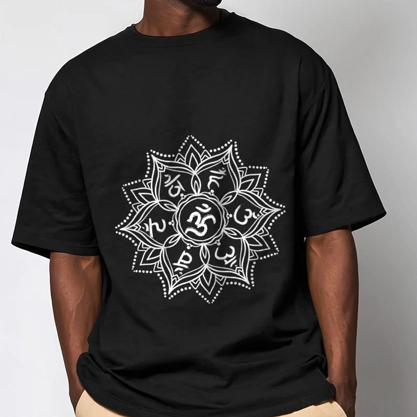 Black Om Mani Padme Hum Mandala Buddhist T-Shirt with detailed white mantra print and dot design, flat lay
