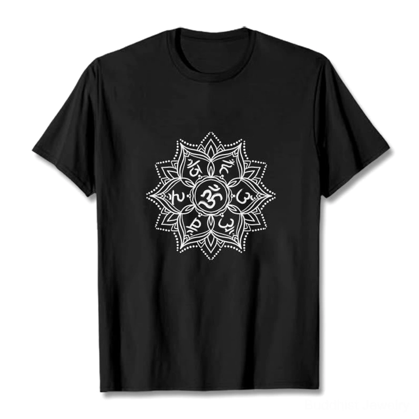 Black Om Mani Padme Hum Mandala Buddhist T-Shirt with white Sanskrit mantra print, flat lay front view