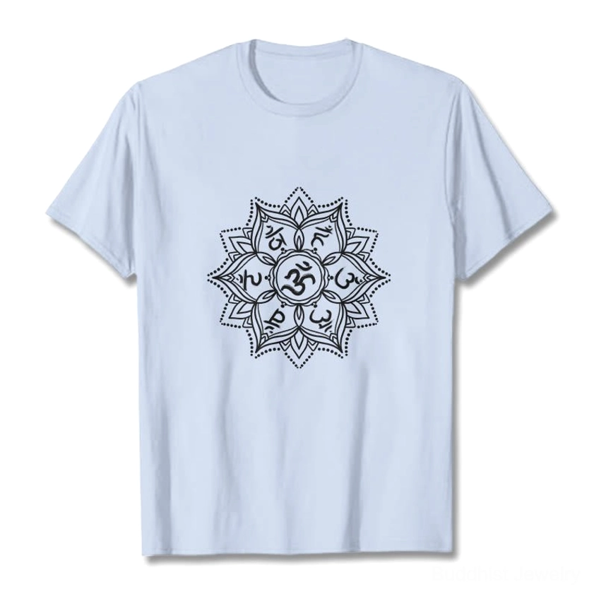 Buddhist Mandala T-Shirt multiple color options including white, black, green, and light cyan