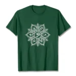 Dark green Om Mani Padme Hum mandala Buddhist t-shirt flat lay front view with white intricate mandala print and crew neck