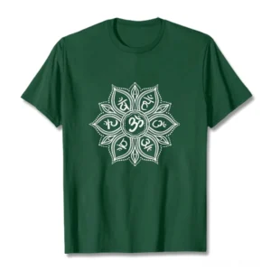 Dark green Om Mani Padme Hum mandala Buddhist t-shirt flat lay front view with white intricate mandala print and crew neck