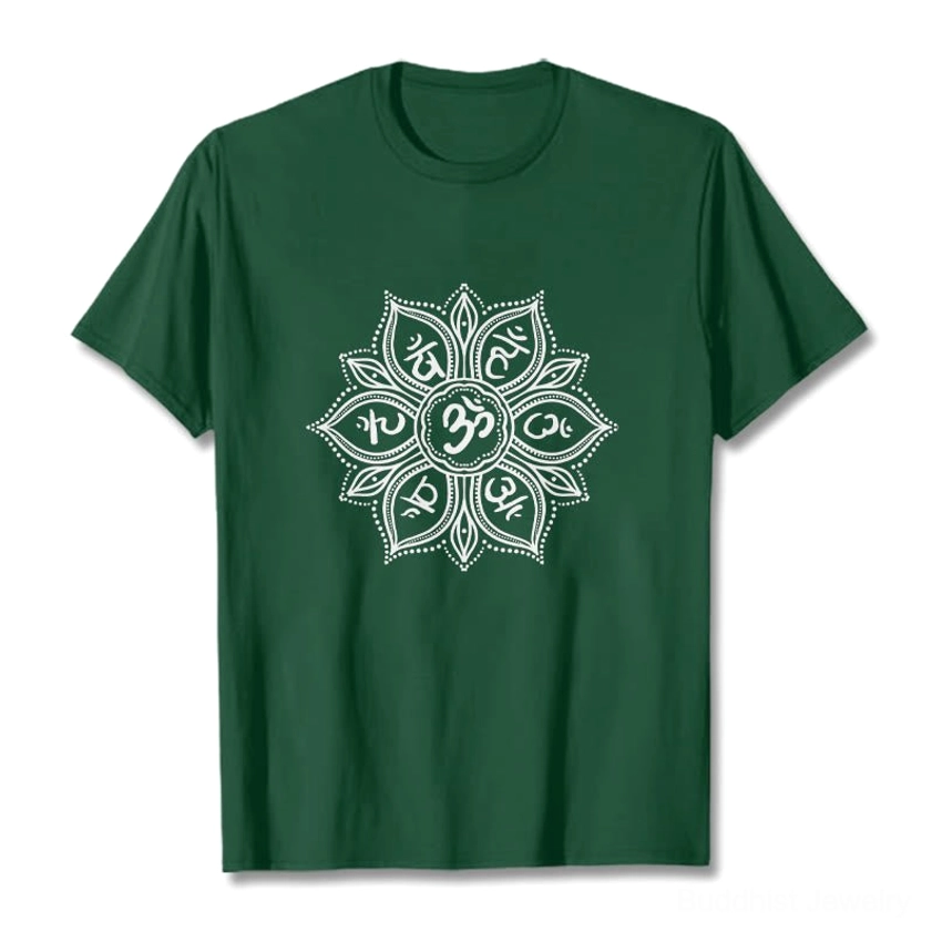 Dark green Om Mani Padme Hum mandala Buddhist t-shirt flat lay front view with white intricate mandala print and crew neck