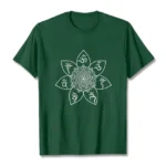 Om Mani Padme Hum mandala buddhist t-shirt flat lay front view dark green with white sacred Sanskrit print design