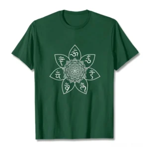 Om Mani Padme Hum mandala buddhist t-shirt flat lay front view dark green with white sacred Sanskrit print design