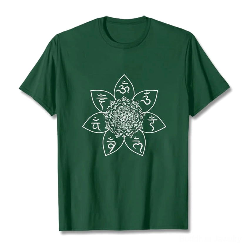 Om Mani Padme Hum mandala buddhist t-shirt flat lay front view dark green with white sacred Sanskrit print design