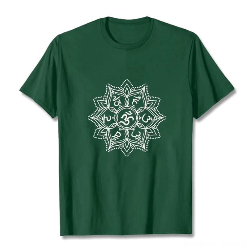 Deep green Om Mani Padme Hum Mandala Buddhist T-Shirt with white Sanskrit mantra print, flat lay front view