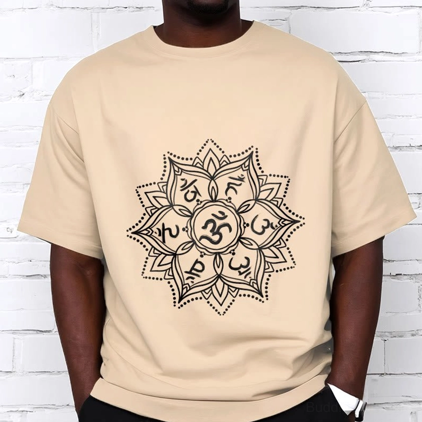 Light grey Om Mani Padme Hum Mandala Buddhist T-Shirt with Sanskrit mantra print, flat lay front view