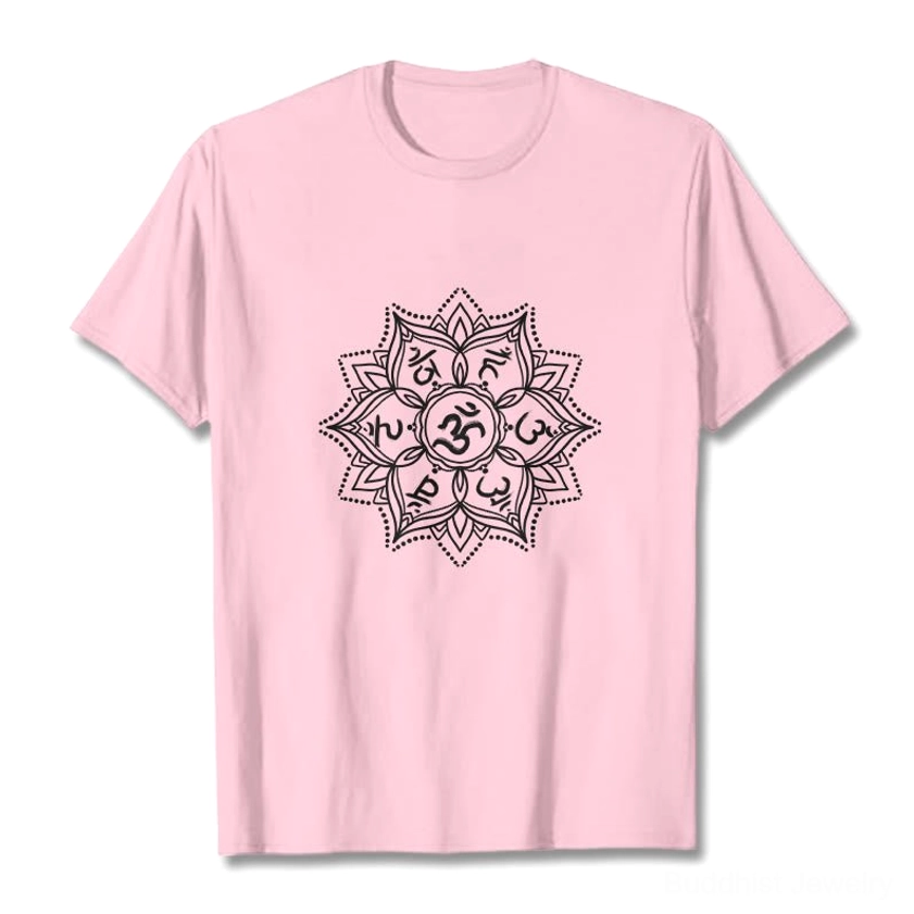 Light grey Om Mani Padme Hum Mandala Buddhist T-Shirt close-up of mandala print detail