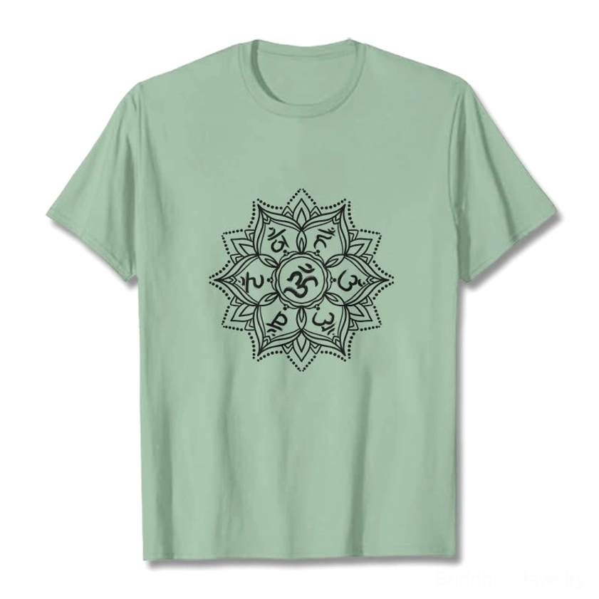 Om Mani Padme Hum Mandala Buddhist T-Shirt showing crew neck and regular fit design