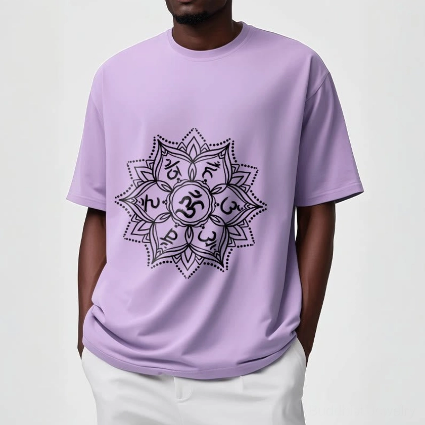 Om Mani Padme Hum Mandala Buddhist T-Shirt white ink film printing technique on cotton