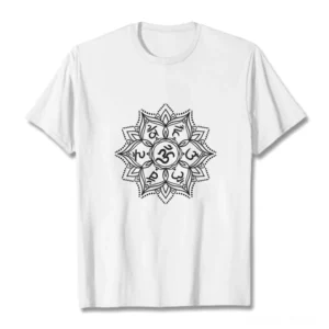 White Om Mani Padme Hum Mandala Buddhist T-Shirt with black Sanskrit mantra print, flat lay front view