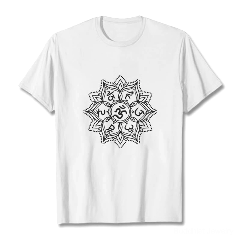 White Om Mani Padme Hum Mandala Buddhist T-Shirt with black Sanskrit mantra print, flat lay front view