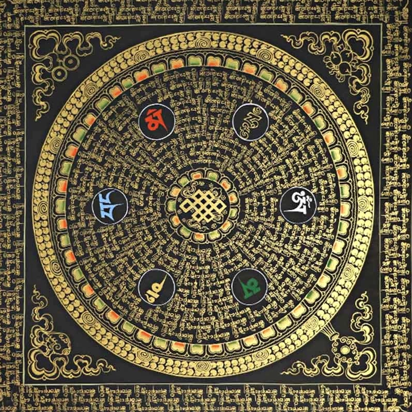 Om Mani Padme Hum mantra mandala thangka with intricate Buddhist iconography and spiritual symbolism for inner peace and compassion