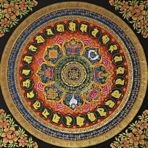 Colorful Om Mani Padme Hum mandala thangka with vibrant floral borders and multi-layered Buddhist sacred patterns - handpainted spiritual wall art