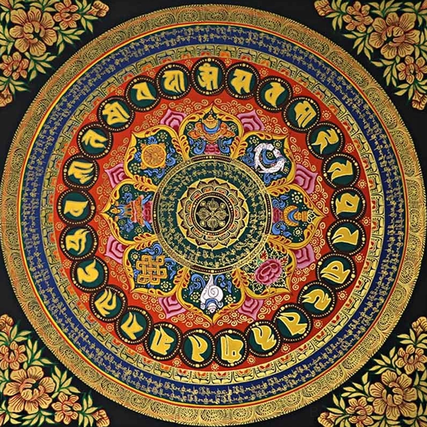 Colorful Om Mani Padme Hum mandala thangka with vibrant floral borders and multi-layered Buddhist sacred patterns - handpainted spiritual wall art