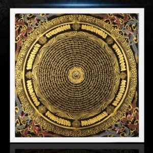 Om Mani Padme Hum mandala thangka with gold patterns and red blue border - hand-painted Buddhist scripture art