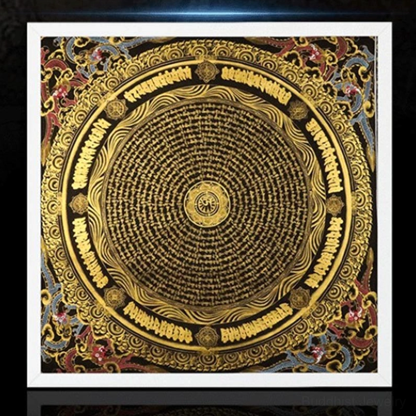 Om Mani Padme Hum mandala thangka with gold patterns and red blue border - hand-painted Buddhist scripture art